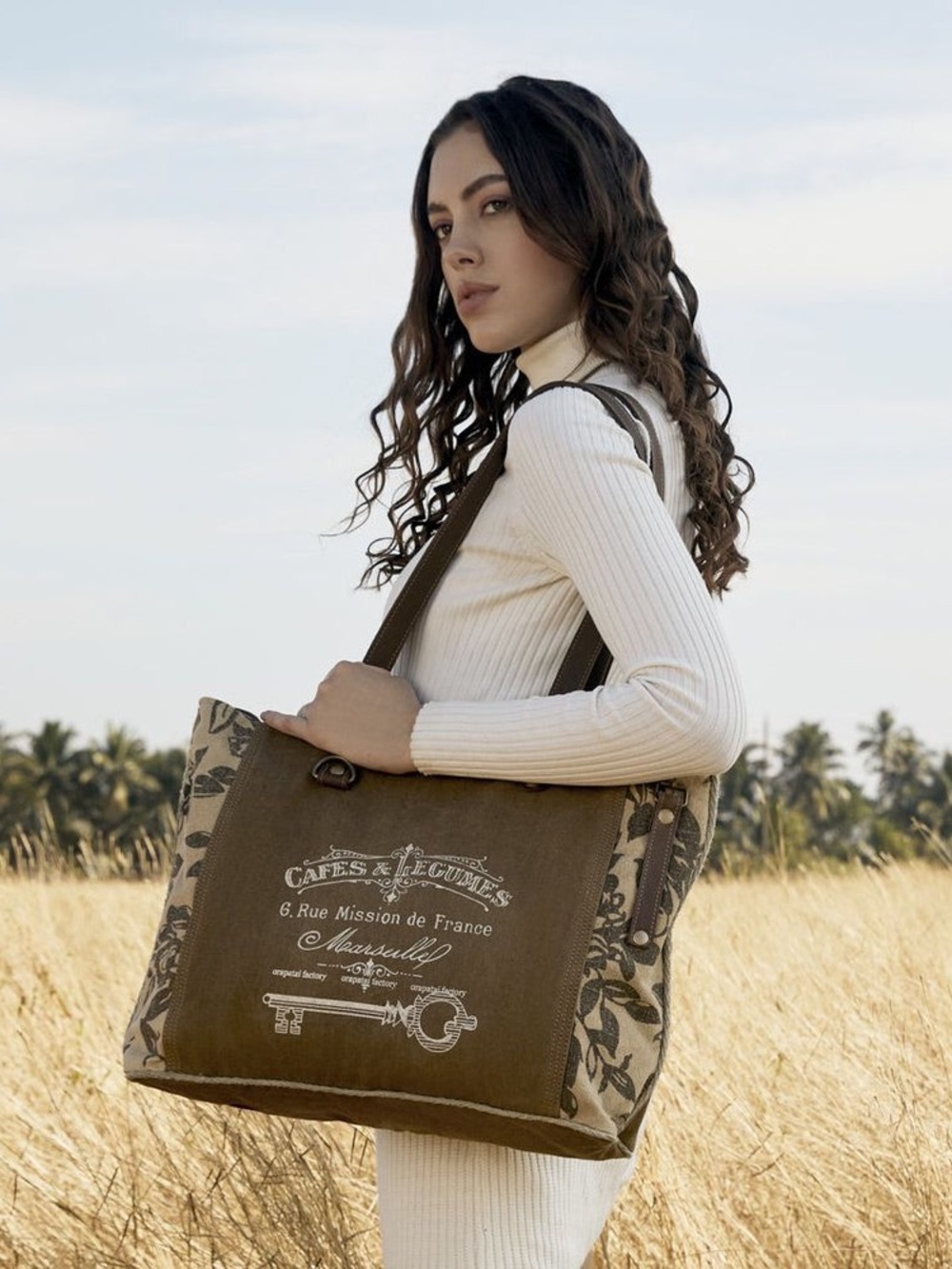 Myra Bag Tan Creme Cafes & Légumes Louisiana Balter Large Tote Bag Western Boho